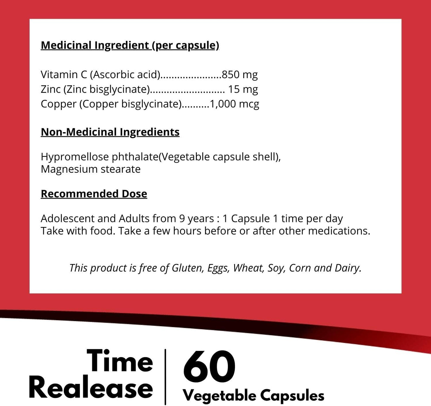 Nutridom Timed-Release Vitamin C with Zinc Bisglycinate and Copper (60 Veggie Capsules)
