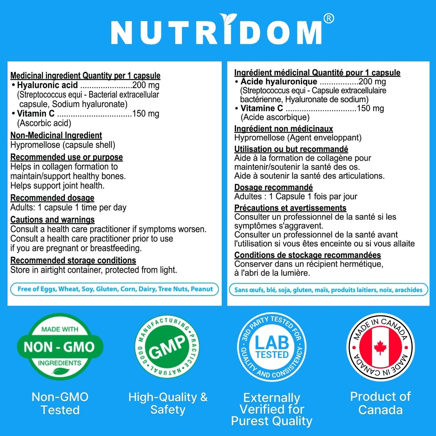 Nutridom Hyaluronic Acid with Vitamin C (60 Veggie Capsules)