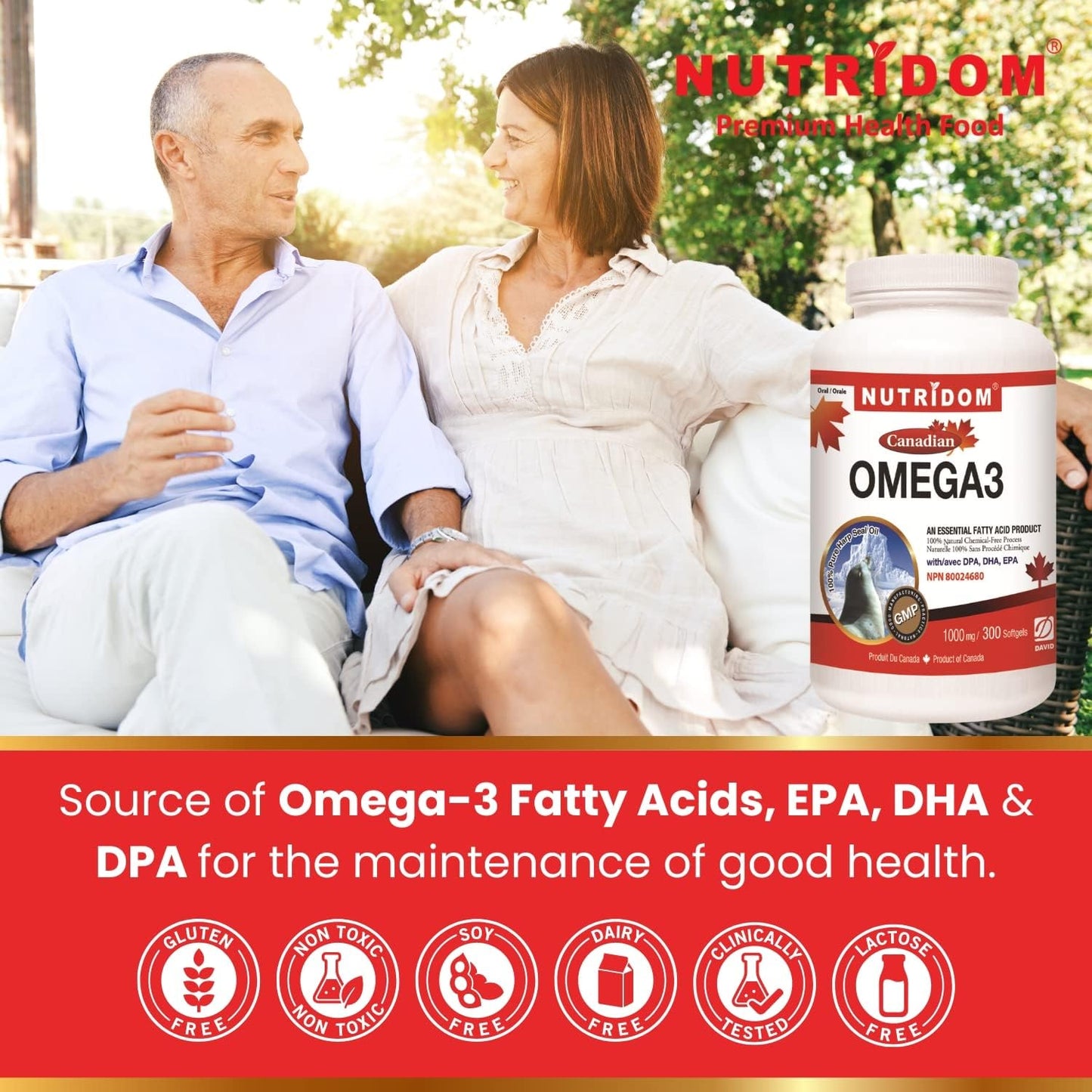 Nutridom Omega-3 1,000mg with DHA, EPA, DPA (300 Softgels), Sourced from Canadian Harp Seal Oil