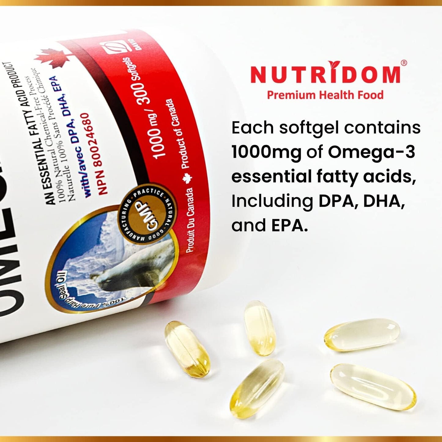 Nutridom Omega-3 1,000mg with DHA, EPA, DPA (300 Softgels), Sourced from Canadian Harp Seal Oil
