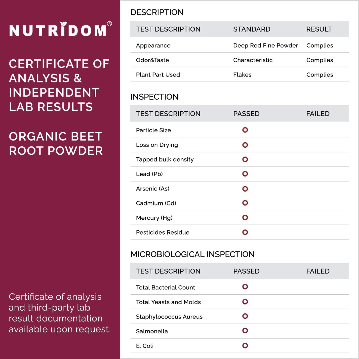 Nutridom Organic Red Beet Root Powder, 7.94 oz (225g)