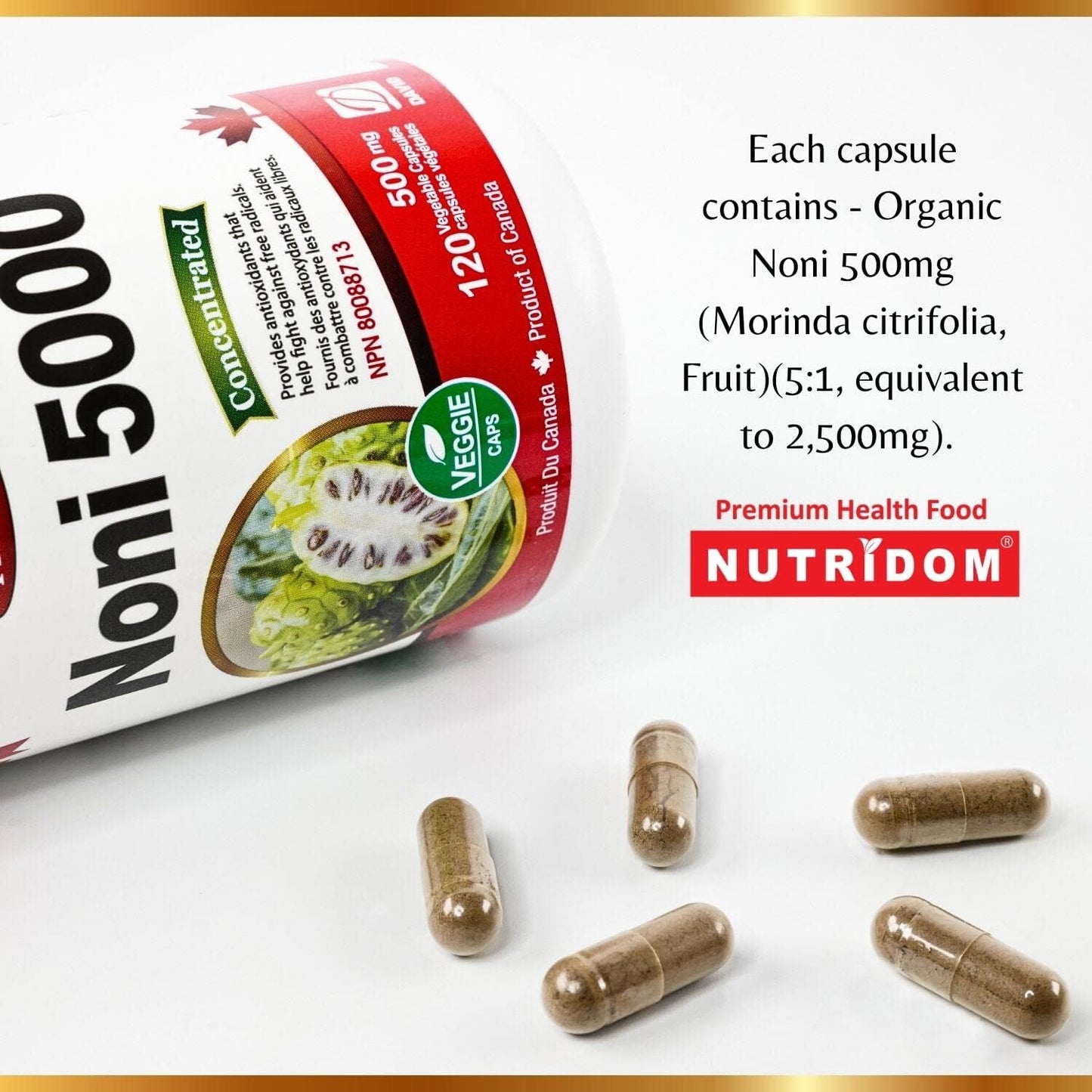 Nutridom Organic Noni 500mg (2,500mg QCE) (120 Veggie Capsules)