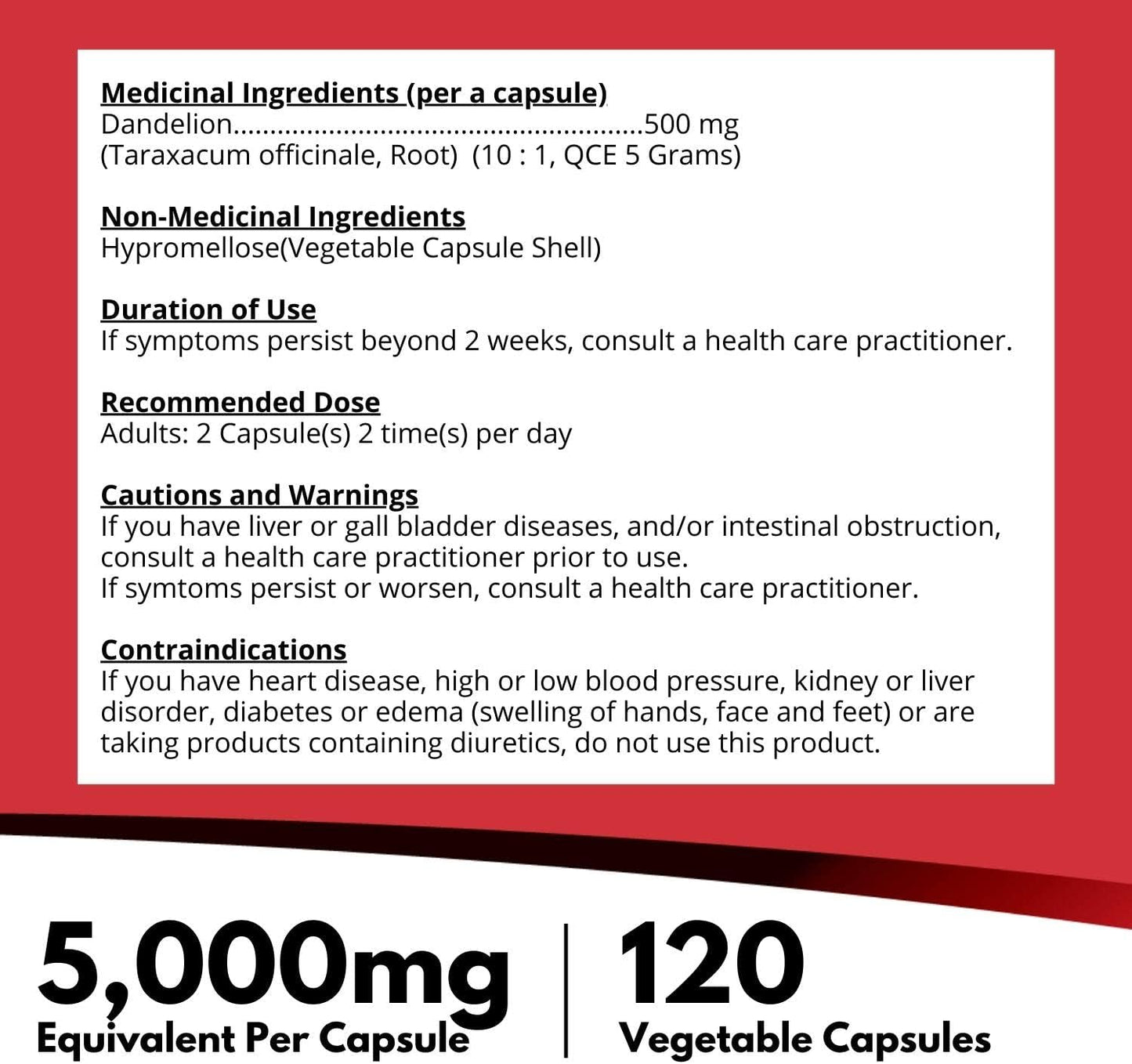 Nutridom Dandelion Root 500mg (5,000mg QCE) (120 Veggie Capsules)