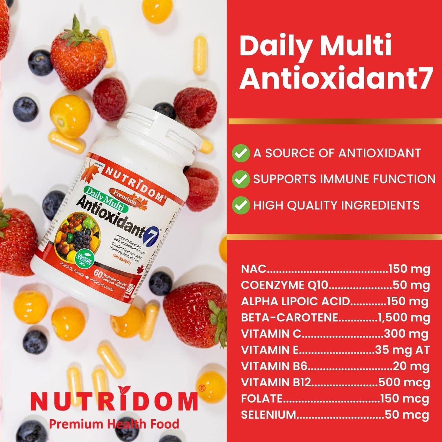 Nutridom Antioxidant-7 (60 Veggie Capsules), Featuring CoQ10, Alpha Lipoic Acid, NAC, Methyl-Vitamin B12, Methyl-Folate, Beta-Carotene, Vitamin C, Vitamin B6, Vitamin E & Selenium