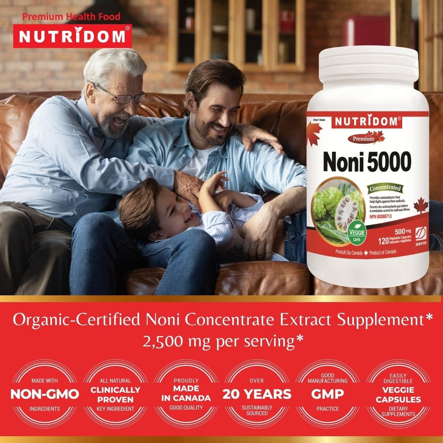 Nutridom Organic Noni 500mg (2,500mg QCE) (120 Veggie Capsules)
