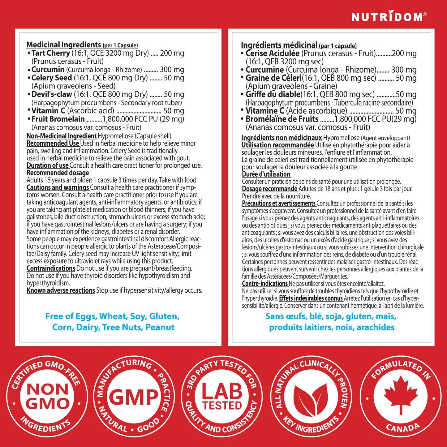 Nutridom GOUTart, Contains Tart Cherry, Curcumin, Celery Seed, Devil's Claw, Vitamin C and Bromelain (60 V-Capules)