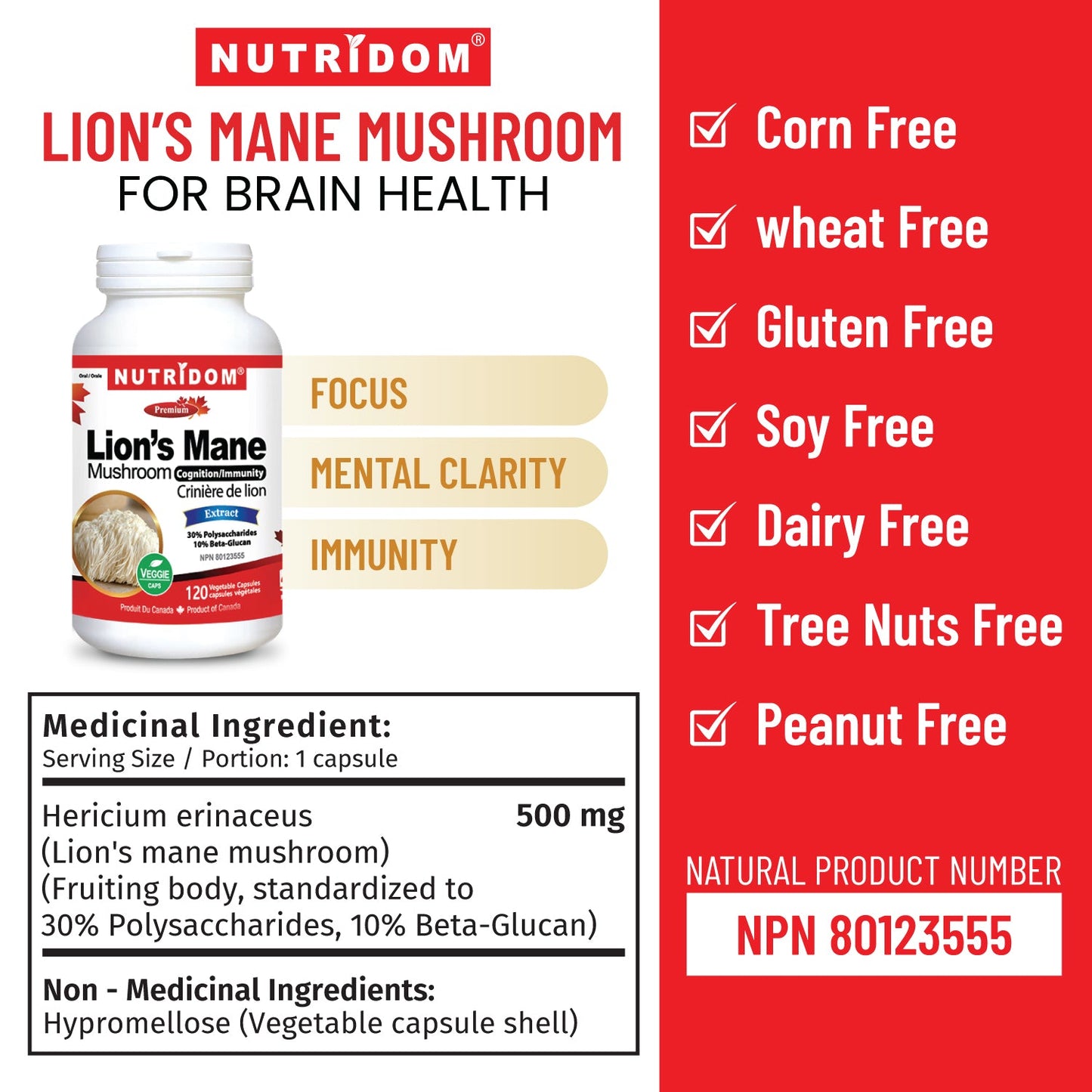Nutridom Lion's Mane Mushroom 500mg (120 Veggie Capsules)