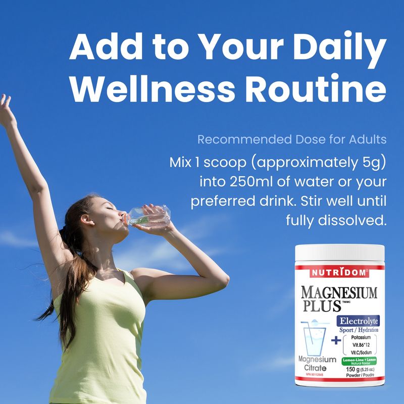 Nutridom Magnesium Plus Electrolyte Powder (150g), Featuring Magnesium Citrate, Potassium, Vitamin B6, Vitamin B12 & Vitamin C