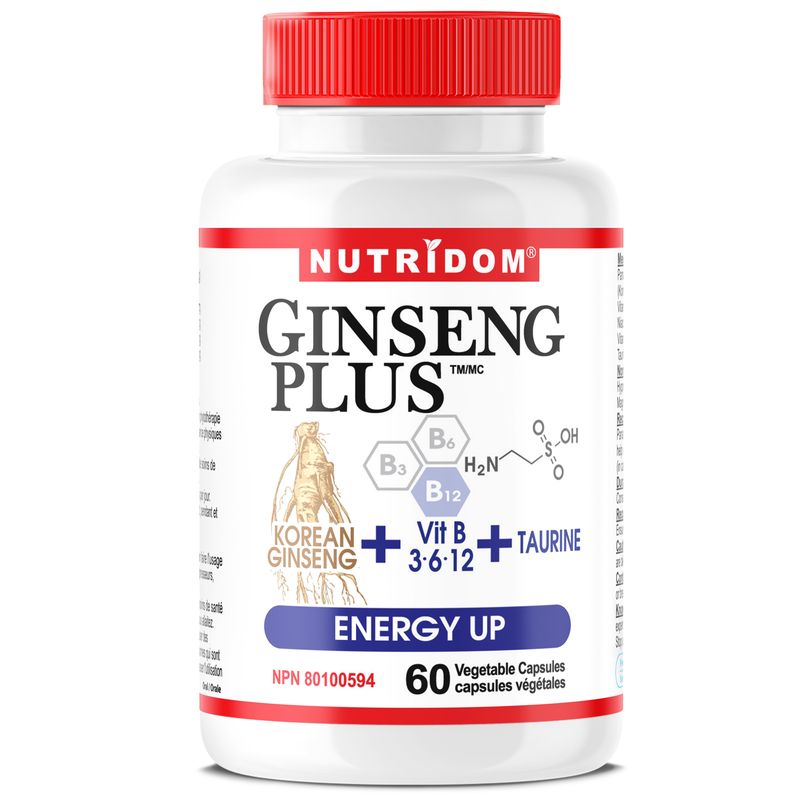 Nutridom Ginseng Plus ENERGY UP (60 Veggie Capsules), Featuring Panax Ginseng, Taurine, Methyl-Vitamin B12, Niacinamide & Vitamin B6