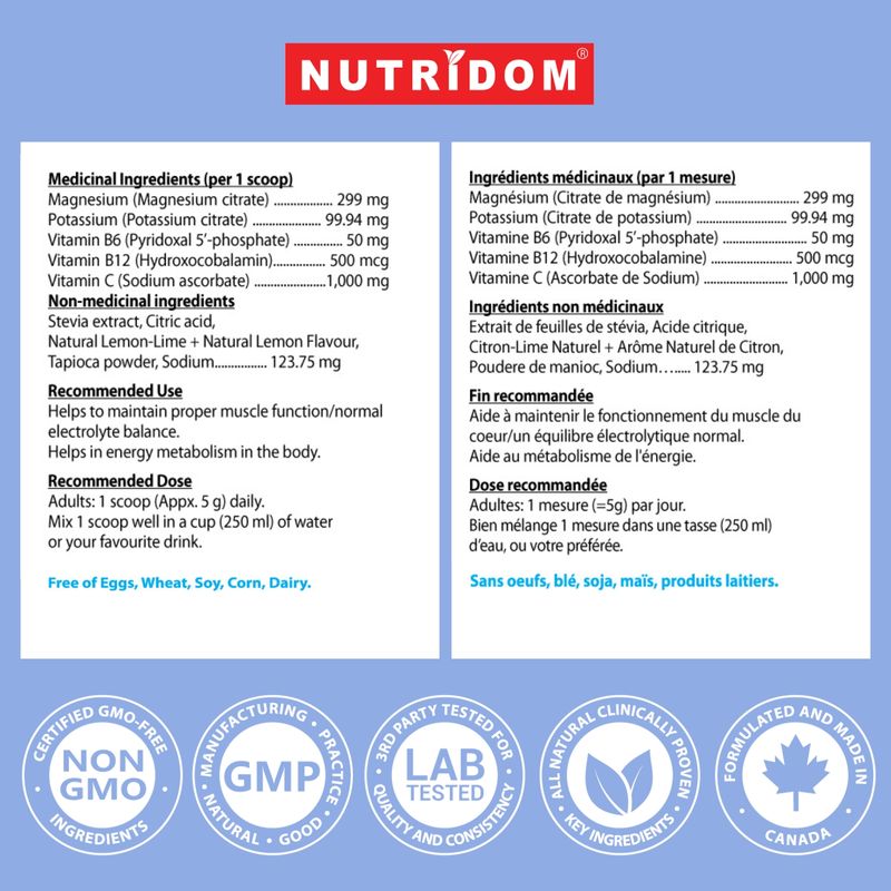 Nutridom Magnesium Plus Electrolyte Powder (150g), Featuring Magnesium Citrate, Potassium, Vitamin B6, Vitamin B12 & Vitamin C
