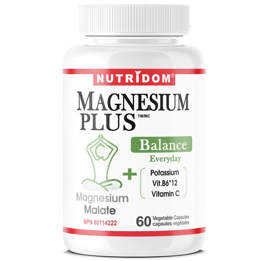 Nutridom Magnesium Plus BALANCE (60 Veggie Capsules), Featuring Magnesium Malte, Potassium, Vitamin B6, Vitamin B12 & Vitamin C