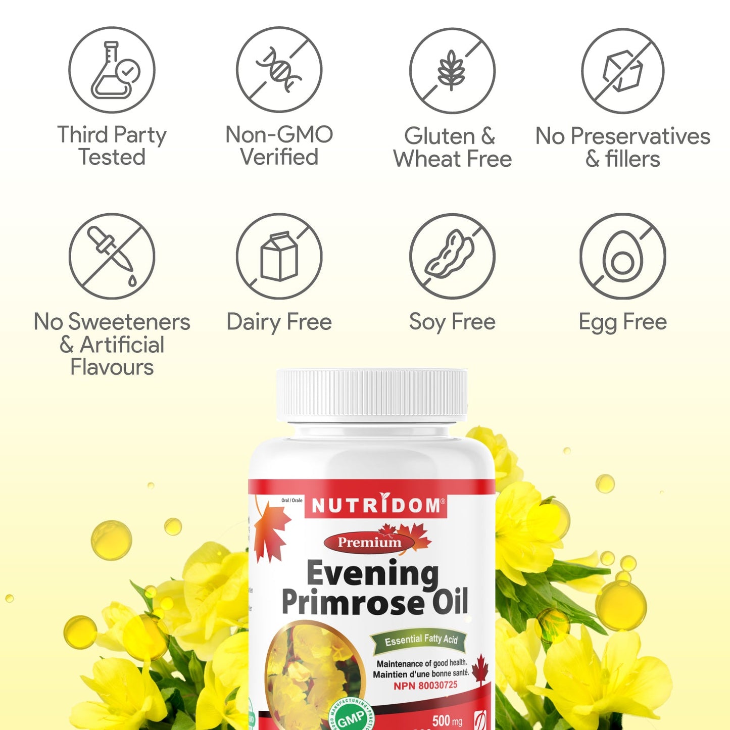 Nutridom Evening Primrose Oil 500mg, Cold-pressed (200 Softgels)