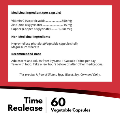 Nutridom Timed-Release Vitamin C with Zinc Bisglycinate and Copper (60 Veggie Capsules)