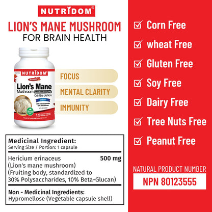 Nutridom Lion's Mane Mushroom 500mg (120 Veggie Capsules)