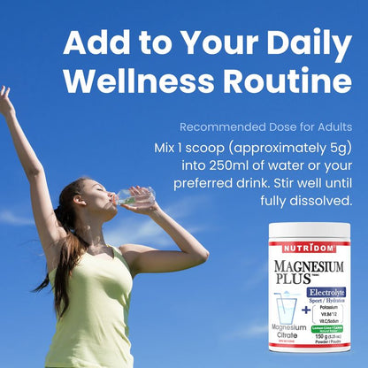 Nutridom Magnesium Plus Electrolyte Powder (150g), Featuring Magnesium Citrate, Potassium, Vitamin B6, Vitamin B12 & Vitamin C