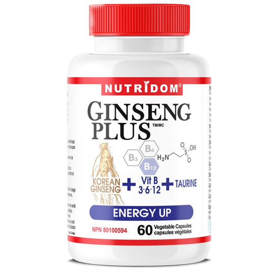 Nutridom Ginseng Plus ENERGY UP (60 Veggie Capsules), Featuring Panax Ginseng, Taurine, Methyl-Vitamin B12, Niacinamide & Vitamin B6