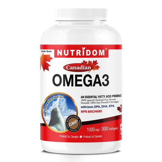 Nutridom Omega-3 1,000mg with DHA, EPA, DPA (300 Softgels), Sourced from Canadian Harp Seal Oil