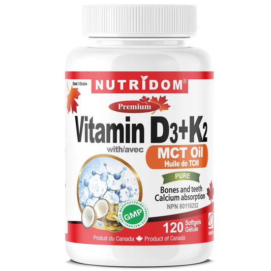 Nutridom Vitamin D3 + K2 with MCT Oil (120 Softgels)