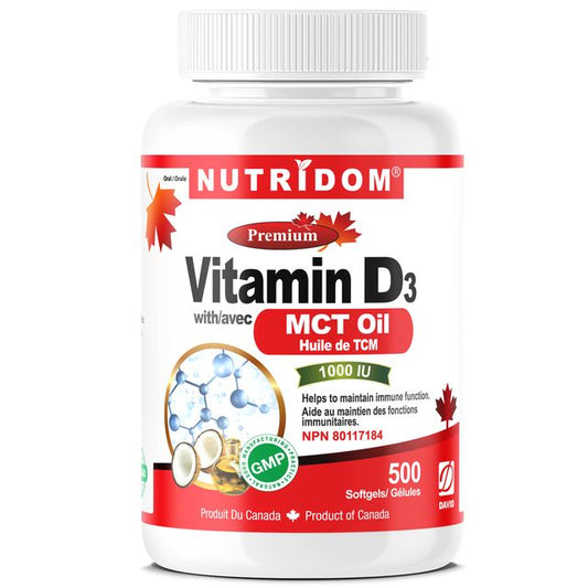 Nutridom Vitamin D3 1,000IU with MCT Oil (500 Softgels)